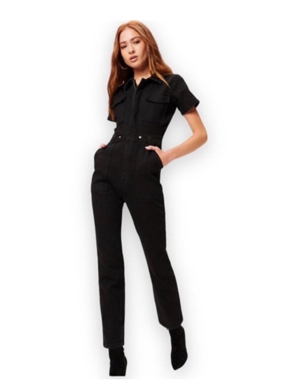 Good American Fit For Success Black Denim Short Sleeve Utility Jumpsuit
